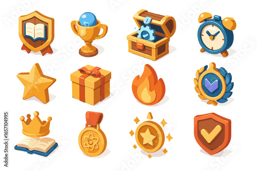 Unlock vector completion icon reward learning milestone gamified score badge advancement icons