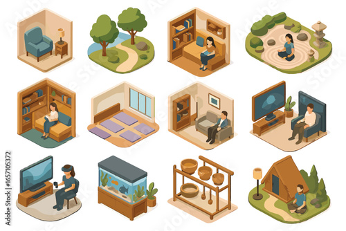 Mental reality calming icon reading room icons virtual fitness studio meditation vector