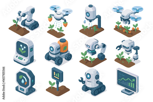 Automatic space condition drone ai farming soil vector harvesting icon icons pollinator