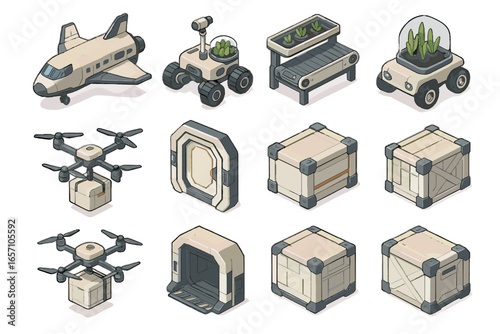 Rover cargo loading storage airlock supply icon farming shuttle space icons vector