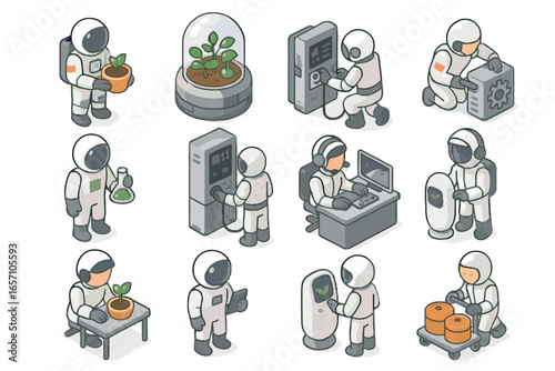 Operator mission farming botanist space farmer control ai coordinator nutritionist icon vector