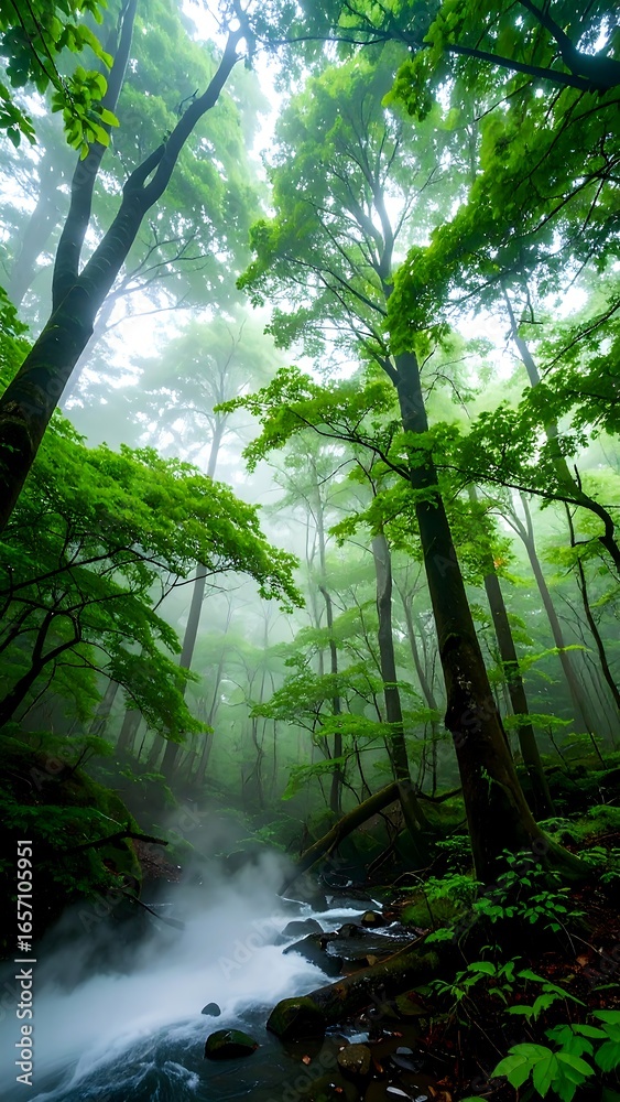 Obraz premium Lush misty forest stream