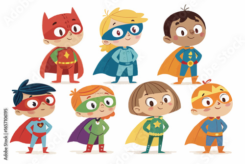 Illustration of eight diverse children dressed as superheroes with capes and masks in various colors