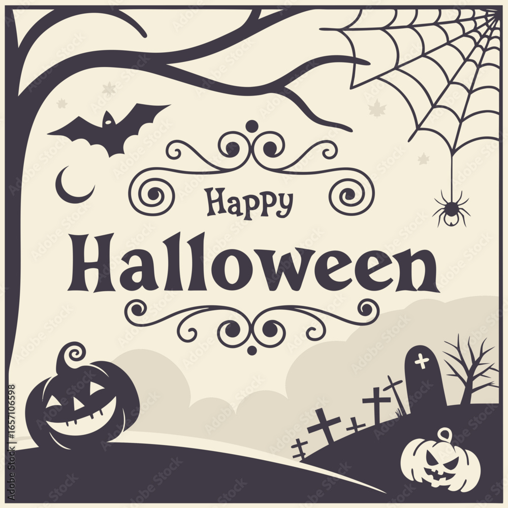 Obraz premium Happy halloween vintage style illustration with pumpkin bat spider web and graveyard