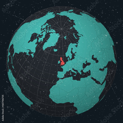 United Kingdom on Globe. Vintage look with grunge scratched texture. Country view on world map in Dark Charcoal Turquoise color palette. United Kingdom shape on map.