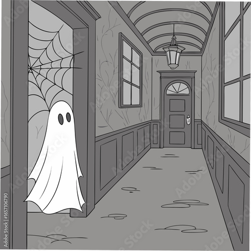 A friendly ghost peeks out from a doorway in a spooky hallway with cobwebs
