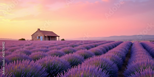 Sunset Glow Over Lavender Fields and a Quaint Countryside House