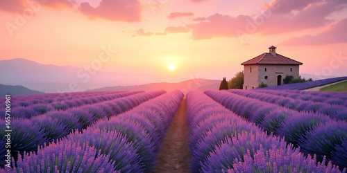 Sunset Over Lavender Fields with a Distant Countryside House