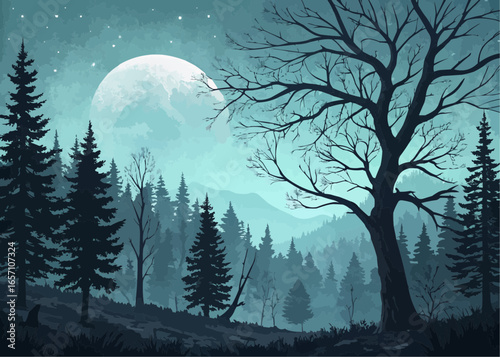 A serene forest landscape featuring a full moon illuminating tall trees and distant misty mountains view