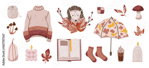 Cozy aesthetic set of autumn elements. Sweater, hedgehog, leaves and mushroom collection in brown coffee color. Flat fall illustration