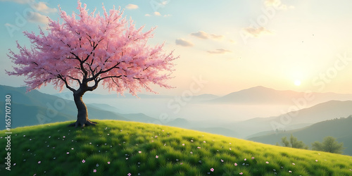 Solitary Cherry Blossom Tree on a Hill with Green Fields and Distant Mountains