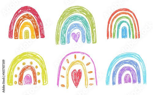 Set of cute childlike rainbow drawn in freehand style with crayon brush