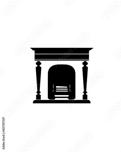 Silhouette of a classic fireplace with mantel and columns, representing a cozy and traditional home interior vector art drawing