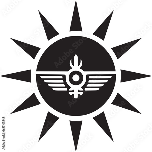 Symbol of feminine power isolated on white background, featuring sun and wings representing the goddess venus and female strength