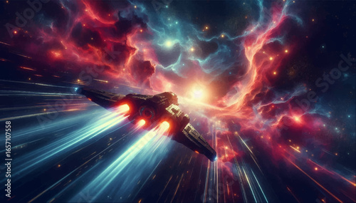 An illustration of an interstellar spaceship flying in outer space. Vector graphics. EPS.