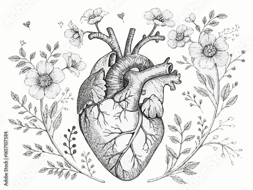 Anatomical heart illustration adorned with blooming flowers and delicate foliage in a detailed sketch style