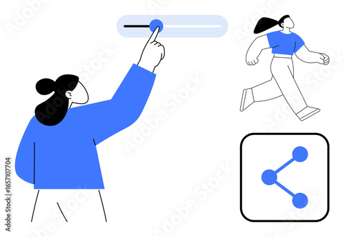 A person adjusts a slider, another figure moves forward, and a simplified social sharing icon. Ideal for user experience, control, motion, progress, sharing, interaction simple landing page