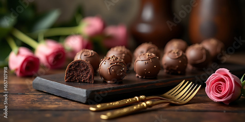 Luxury Chocolate Truffles with Pink Roses and Gold Cutlery
