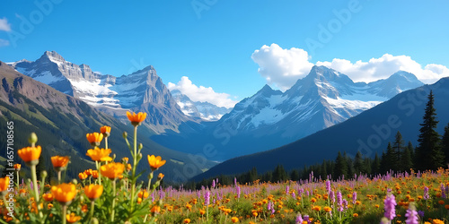 Vibrant Wildflowers Bloom Beneath Snow-Capped Mountains