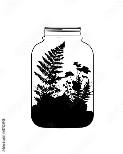Black and white terrarium sketch with ferns and flowers, , perfect for naturethemed designs, botanical illustrations vector art drawing