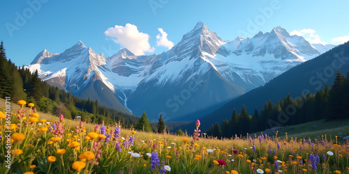 Majestic Snow-Capped Mountains Above a Wildflower Meadow