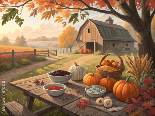 Autumn harvest scene with pumpkins, berries, and a barn in a picturesque countryside setting and fall foliage