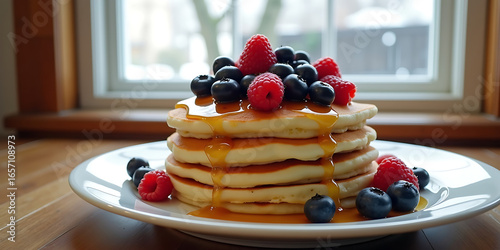 Fluffy Pancakes Drizzled with Syrup and Topped with Fresh Berries