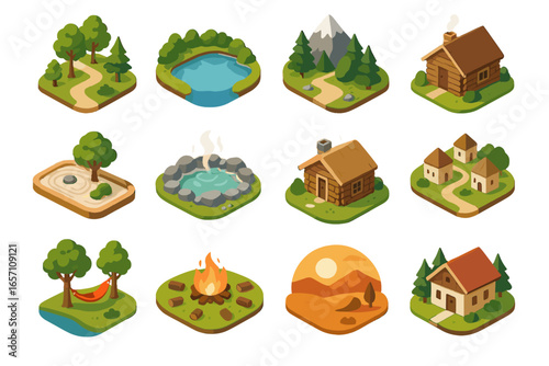 Zone lake digital icon forest tent spring desert icons village vector detox