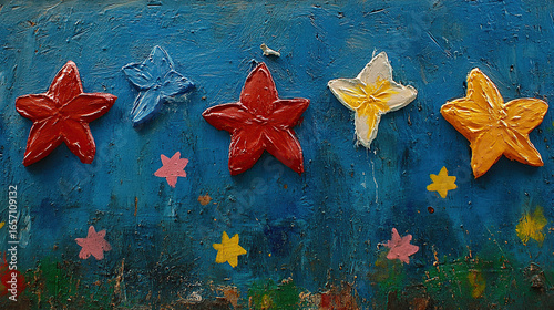 Colorful painted star shapes on a textured blue background