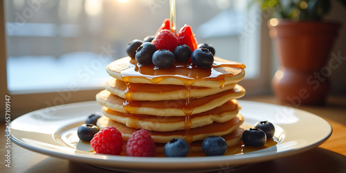 Delicious Pancakes with Syrup, Strawberries, and Blueberries