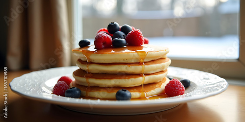 Stack of Pancakes with Berries and Syrup by a Sunlit Window