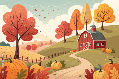 Autumn landscape with red barn, pumpkins, trees, and a winding path on a hillside scene in cartoon style