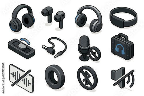 Detail canceling audio muted wireless noise anc cushion microphone headphones vector icon