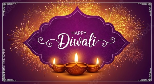 Happy diwali greeting with diya lamps and fireworks, celebrating the festival of lights with traditional wishes and vibrant colors