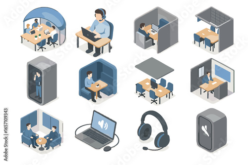 Ceiling coworking worker headset vector canceling panels icon workspace pod desk acoustic