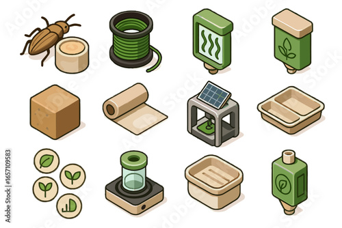 Sustainable icon filament algae paste food eco heating vector reusable compostable icons