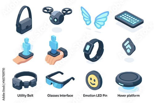 Accessories icon panel backlight emotion pouch wings floating futuristic glasses avatar vector