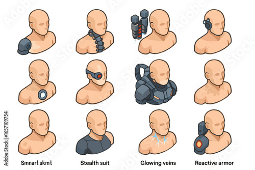 Spine enhancements chest leg avatar icon vector glowing futuristic robotic skin pad