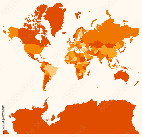 Map of World. Just a simple border map with country division. Orange color palette. Plain map with administrative division. Vector illustration.