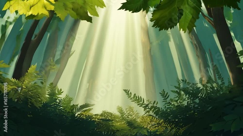 Slow panning shot under forest canopy, vivid green leaves with sunlight streaming through