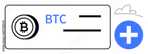 Bitcoin wallet interface with BTC logo, horizontal lines for transactions, add button, and cloud icon. Ideal for cryptocurrency, finance, blockchain, technology, digital payment fintech simple flat