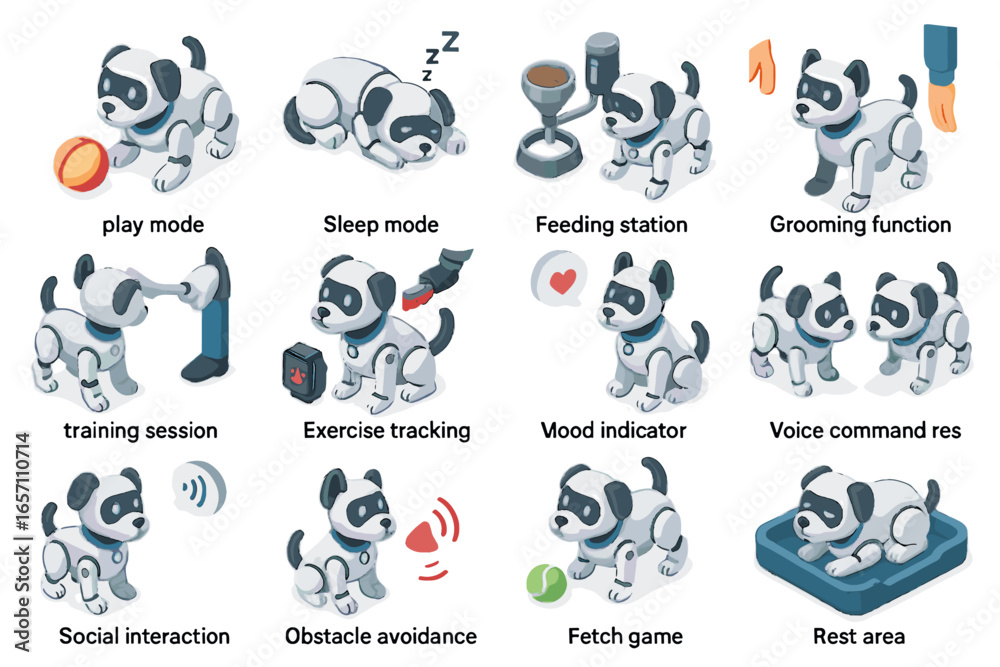 Fototapeta premium Station feeding obstacle ai area pet robot grooming mood vector icon avoidance