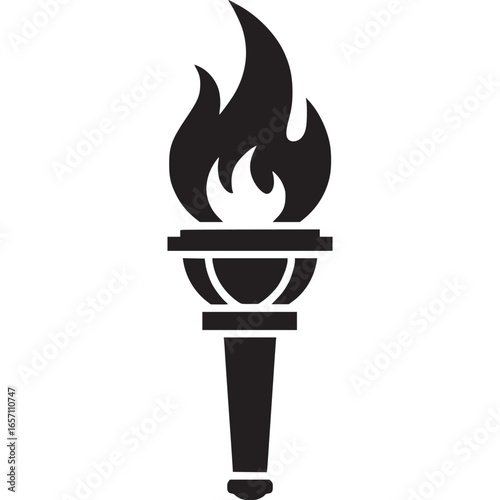 Black torch with flame icon isolated on white background, symbolizing olympic games, victory, and achievement