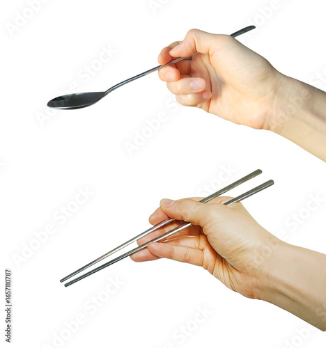 Hands holding Spoon and Chopsticks