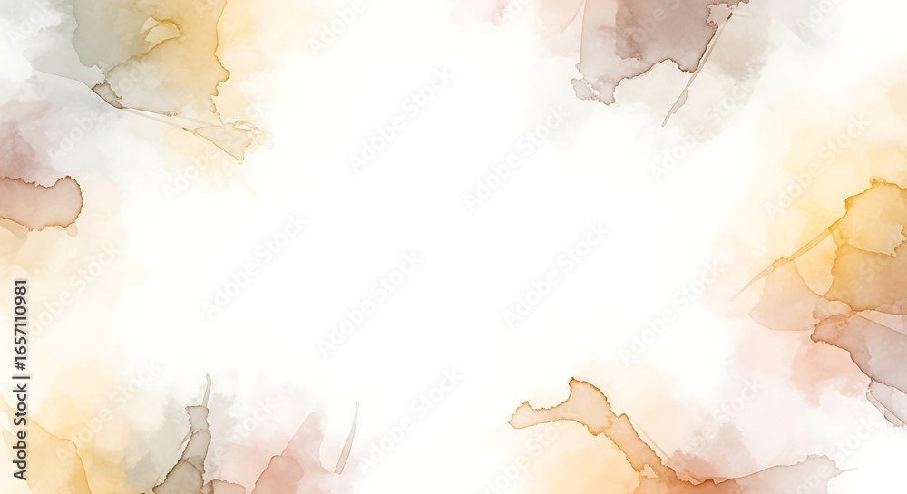 Obraz premium Abstract watercolor splashes in earthy tones with a white background, creating a soft and artistic frame for design