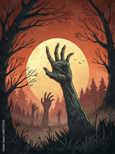 Zombie hands rising from the ground with a full moon and trees in a spooky halloween night scene