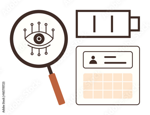 Magnifying glass with an eye symbol, battery representing energy or power, and an ID card with user details. Ideal for analysis, identity verification, surveillance, technology, energy, AI data