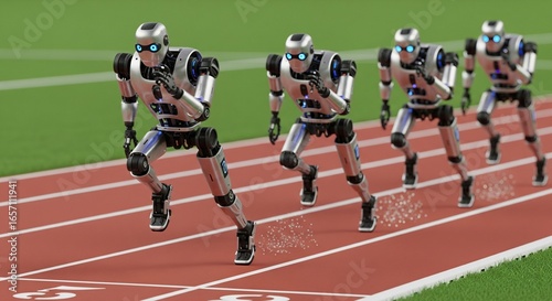 humanoid robots competing in a track and field event
