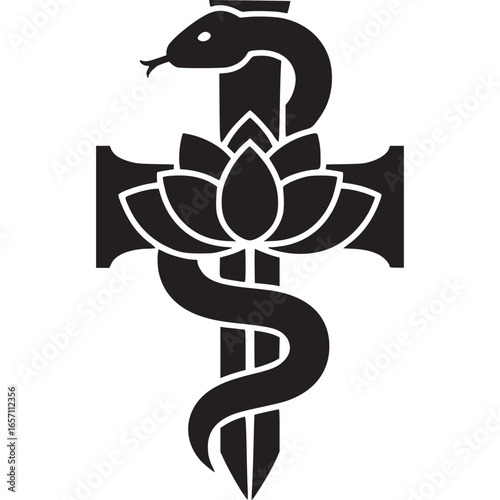 Snake entwined around a cross with a lotus flower isolated on white background, representing a blend of spiritual and medical symbolism
