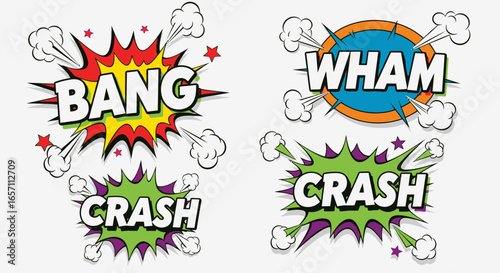 Dynamic Comic Book Style Sound Effects Vectors featuring Bold Typography and Explosive Visuals, Representing Bang, Crash, and Wham, Ideal for Graphic Design and Creative Projects